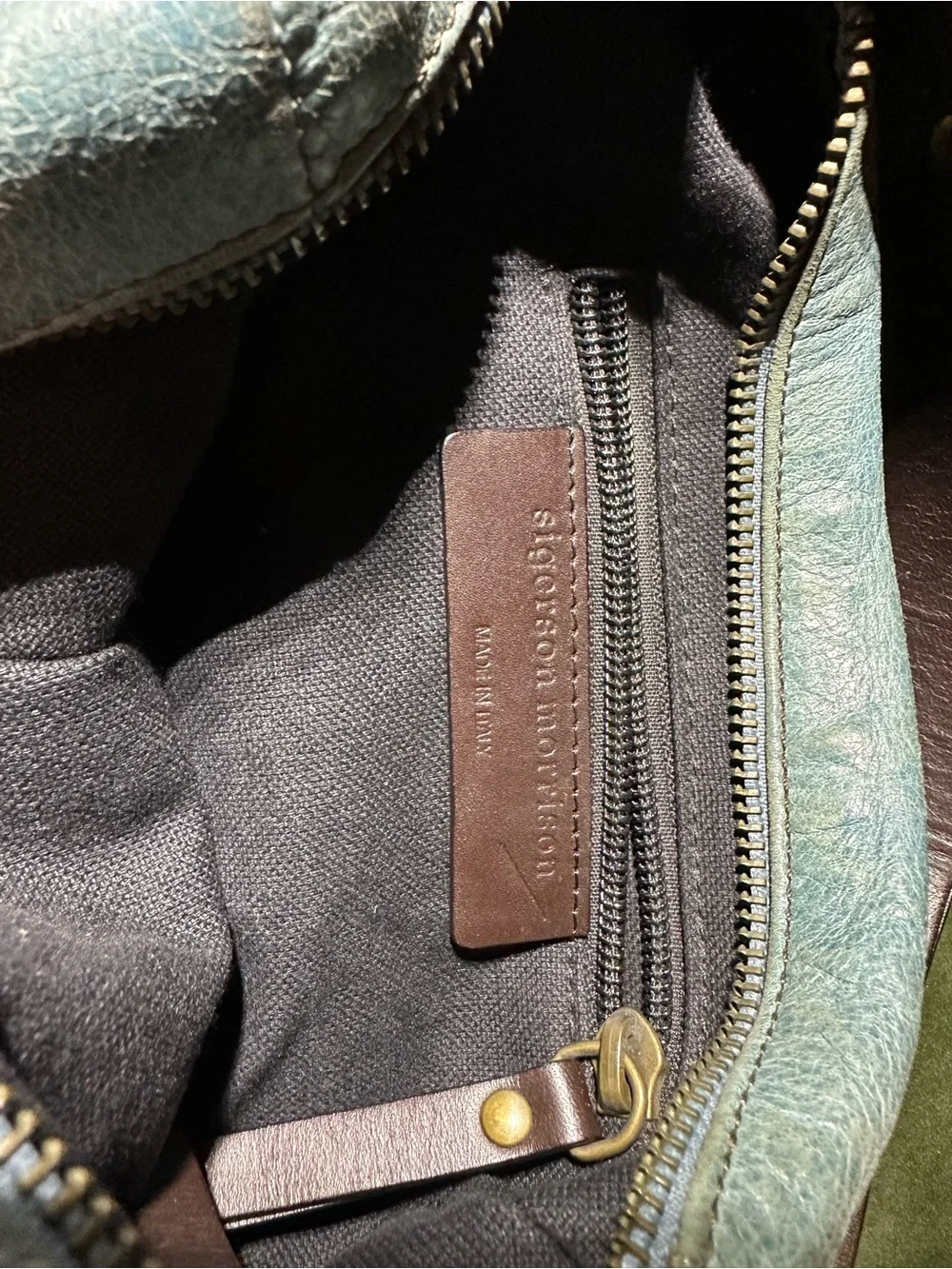 Washed Blue Leather Shoulder Bag with Brown Trim